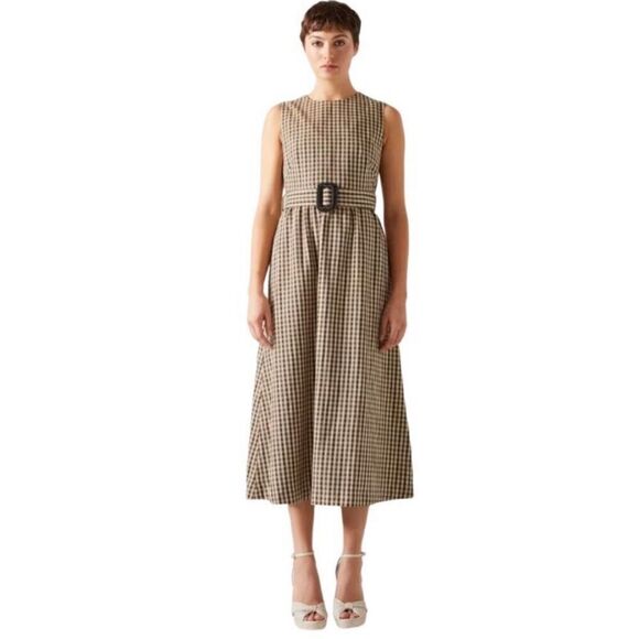 LK Bennett Rae Brown Cream Gingham Fit And Flare Midi Dress Plus Size 16 Classic - Picture 1 of 8